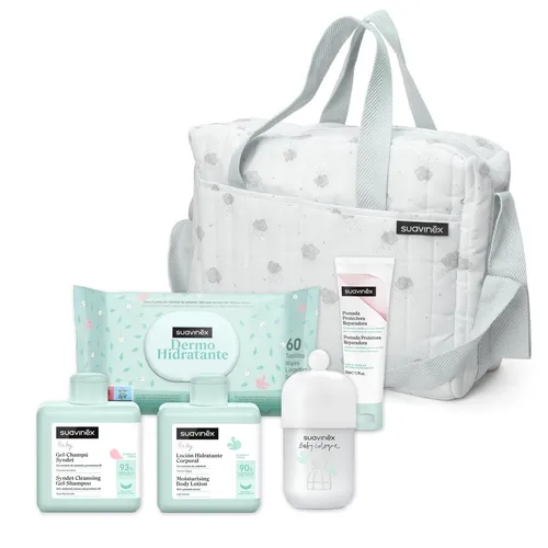 Suavinex Baby-Trolley mit Kosmetik - Waschgele für Babys: Komplettes Pflege-Set mit Shampoo, Lotion, Salbe, Baby Cologne und Tüchern für die sanfte Hautpflege Ihres Babys.