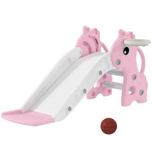 AIYAPLAY 3-in-1 Kinderrutsche mit Basketballkorb, rosa - Vielfältiger Spielspaß: Diese 3-in-1 Rutsche kombiniert Rutschen, Klettern und Basketballspielen, ideal für die Entwicklung von Kleinkindern im Innen- und Außenbereich.