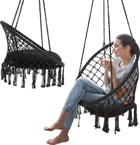 Outtec® Hängesessel XXL mit Kissen - bis 150 kg - Sessel zum Aufhängen - Indoor & Outdoor - Hängekorb, Schaukel für Garten, Terrasse, Balkon - Boho