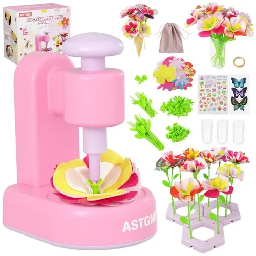 ASTGMI DIY Blumen Bastelset Kinder, Blumen Basteln Spielzeug mit Blumenmaschine, DIY MädchenSpielzeug 3 4 5 6 Jahre, Stoff BlumenBastel Set, Geburtstag Weihnachten Geschenk für Mädchen ab 3+ Jahre