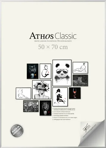 Bilderrahmen Athos Classic+, rechteckig, 50x70 cm, glänzendes Silber - Eleganter Bilderrahmen für Formate bis 50 x 70 cm, ideal zum Präsentieren von Kunstwerken und Fotos. Aus hochwertigem, poliertem Aluminium gefertigt, schützt er Ihre Bilder vor Staub und fügt sich stilvoll in jede Einrichtung ein.