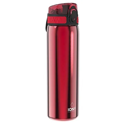 ION8 Leicht Stahl-Trinkflasche, 600 ml, Nicht Isoliert Auslaufsicher, Einhandöffnung, Sichere Verriegelung, Spülmaschinenfest, Klappdeckel, Tragegriff, Leicht zu Reinigen, Rot