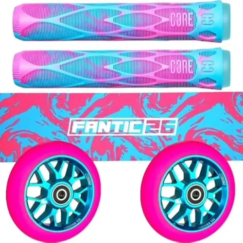 Fantic26 Stunt-Scooter Trick Roller Ersatzteile Bundle I Core Pro Soft 170mm Griffe Refresher I F26 Spy7 110mm Abec11 Rollen I Griptape Swirl Pink/Türkis