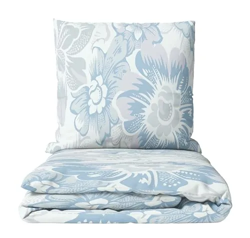 Leonado Vicenti Biber Bettwäsche 200x220 Winter Set flauschig Feinbiber geblümt Blau Beige Kissenbezug 80x80 cm mit verdecktem Reissverschluss, 3teilig