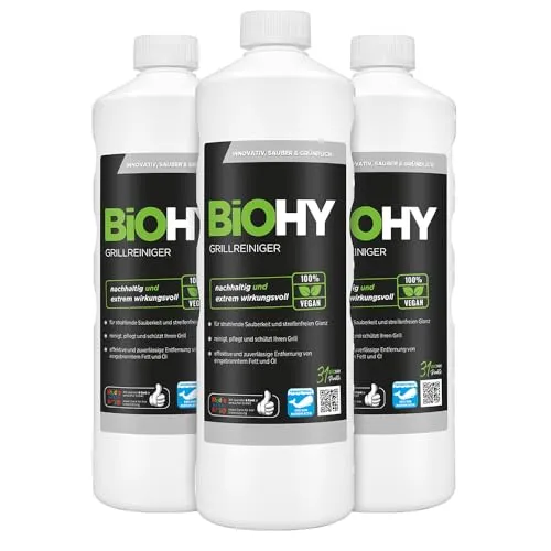 BiOHY Grillreiniger (3 x 1 Liter) | Reiniger für Holzkohle-, Gas- und Elektrogrill | Hocheffektiv gegen angebranntes Fett und Öl | Pflegt und schont das Material | Veganes Bio Konzentrat
