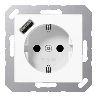 Jung A1520-18AWW SCHUKOsteckdose mit USB Typ A - Steckdose mit integriertem erhöhten Berührungsschutz und 1 USB-A Schnellladeport, ideal für modernes Wohnen und Büro. Perfekt für schnelles Laden von Geräten!
