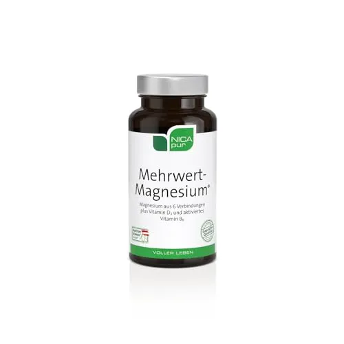 NICApur Mehrwert-Magnesium - 60 Kapseln mit 6 Magnesium-Verbindungen - Magnesiumpräparate für mehr Energie und Unterstützung der Nerven- und Muskelfunktionen. Enthält Vitamin B6 und D für optimale Wirkung und Immunstärkung.