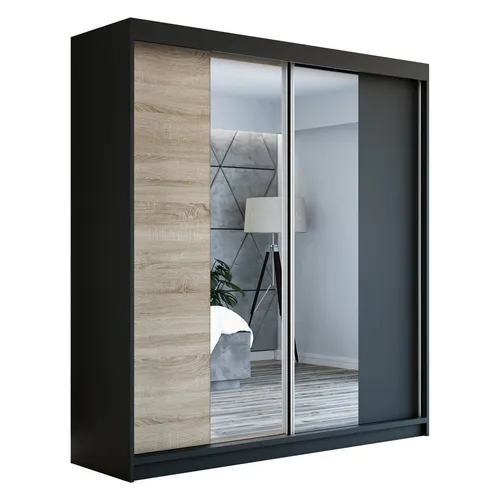 Schwebetürenschrank NEO, 2-türig mit Spiegel - Moderne Schiebetürenschränke für Ihr Schlafzimmer, 160 cm breit, mit hochwertigen Aluminiumgriffen und leichtgängigem Schiebetürsystem für optimalen Komfort.
