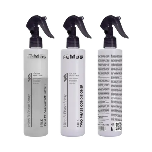 FemMas Bi-Phase Conditioner Spray Milk Sofortpflege 3 x 320 ml - Leave-In Pflege für alle Haartypen, mit nährendem Arganöl. Ideal gegen Frizz und für zusätzliche Feuchtigkeit. Perfekte Sofortpflege für glänzendes, gesund aussehendes Haar.