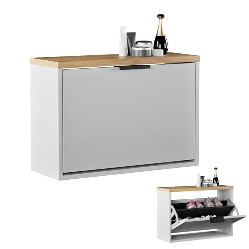 Planetmöbel Schuhschrank schmal mit 1 Klappe platzsparender Schuhregal mit 2 Ablagen, Schuhkommode für Diele, Flur, Garderobe 60 x 23 x 42,5 cm, weiß grau