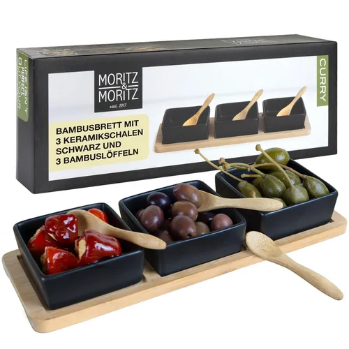 Moritz & Moritz Schieferset Curry - Bambus Brettchen mit 3 schwarzen Schalen eck