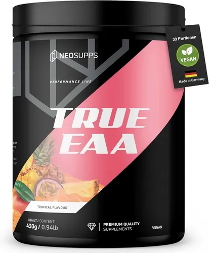 Neosupps EAA Pulver Tropical 430g, hochdosiert mit 10.300mg EAAs - Hochwertige, vegane essentielle Aminosäuren für den optimalen Einsatz vor und während des Trainings. Ideal zur Unterstützung der Leistungsfähigkeit mit überragendem Geschmack und Löslichkeit.
