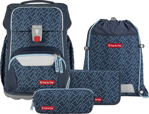 Step by Step Basis Schulranzen-Set „Blue Lines“ - Ergonomischer Tornister für Kinder - Schulranzen-Set 4-teilig, leicht und robust mit optimaler Ergonomie für besten Tragekomfort. Reflektoren sorgen für Sichtbarkeit bei Dunkelheit. Inkl. Federmäppchen, Schlampermäppchen und Sportbeutel.
