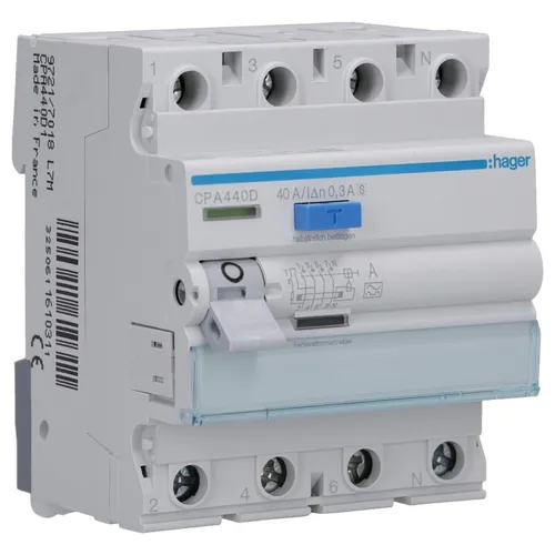 Hager CPA440D FI-Schutzschalter 4P 40A 300mA - 4-poliger Fehlerstromschutzschalter mit 40A und 300mA, ideal für sichere Elektroinstallationen. Mit Bi-Connect-Klemmen und externer Test-Taste für einfache Handhabung.