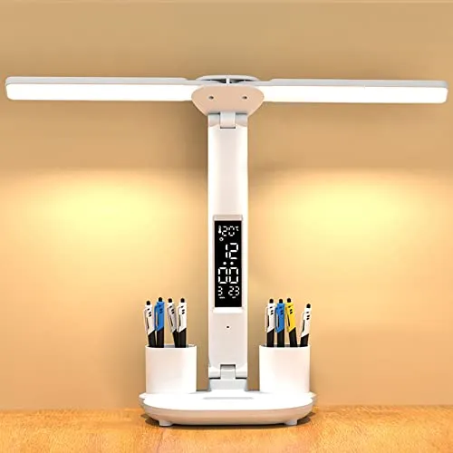 YNDD 7W LED Schreibtischlampe Kinder, Dimmbare Akku Schreibtischleuchte Kabellos mit Uhr/Stifthalter/LCD Display/Kalender/Temperatur, 3 Lichtfarben 3200mAh Batterie Bürolampe für Mädchen Jungen, Weiss