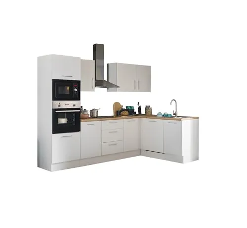 Turin LBM Eckküche 280 x 211 x 60 cm in Weiß - Moderne Küchenzeile ohne Küchengeräte - MODERNES DESIGN - Die Turin Eckküche vereint mattes Weiß mit einer eleganten Artisan-Eiche Optik. VIEL STAURAUM - Clever gestaltete Fächer bieten ausreichend Platz für Ihre Küchenutensilien. EINFACHE MONTAGE - Schnelle und unkomplizierte Montage, ideal für Anfänger.