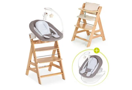 Hauck Hochstuhl Alpha Plus Natur - Newborn Set Deluxe (Set, 4 St), Holz Babystuhl ab Geburt inkl. Aufsatz für Neugeborene & Sitzauflage