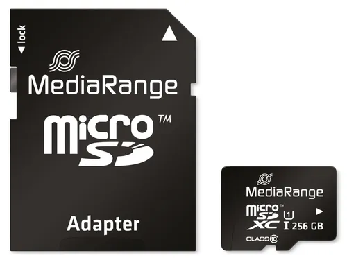 MEDIARANGE MicroSD-Card Class 10, 256 GB MR946 – Schnelle Speicherlösung - Die 256 GB microSD-Karte von MediaRange bietet hohe Geschwindigkeit und Zuverlässigkeit für Ihre mobilen Geräte. Mit Adapter für vielseitige Nutzung, ideal für Fotos, Videos und Datenübertragungen.