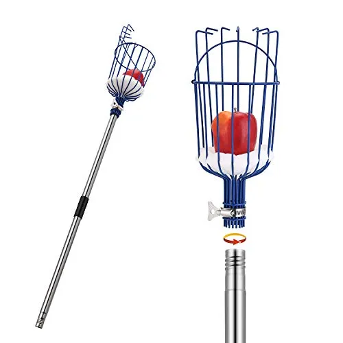 MaidMAX Obstpflücker mit Teleskopstiel aus Edelstahl 4 Meter, Apfelpflücker mit Gelenk und Schaumstoffauflage, Greifer mit Korb für Obst Apfel Orange, leicht stabil und platzsparend