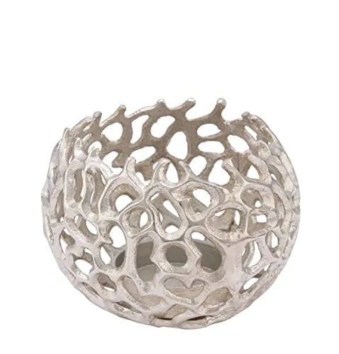Design Kerzenschale aus Aluminium - 15 x 11 cm/mittel - Edler Metall Kerzenhalter in Silber - Deko Gitter Kerzen Ständer Teelicht Halter Becher rund