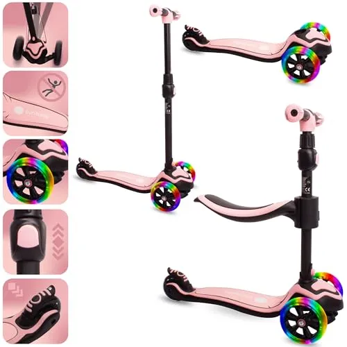sun baby Roller Scooter Kinder 3 Jahre, rosa mit LED-Rädern - Kinderscooter mit abnehmbarem Sitz und verstellbarem Lenker, entwickelt für Sicherheit und Spaß mit leuchtenden LED-Rädern und schnellem Montagesystem.