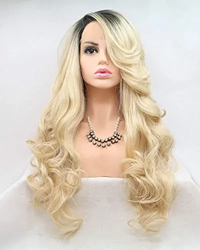 Ombre-Blonde, klebefreie Perücke mit Spitzenfront, 2 Farbtöne, hellbraune Wurzeln, lange natürliche Wellen, hitzebeständig, halb handgebunden (61 cm, Ombreblonde/Lace-Front-Perücke)