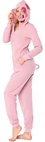 Ladeheid Damen Schlafoverall aus Baumwolle Jumpsuit bunt Verkleidung Schlafanzug Einteiler mit Kapuze LA40-234 (Rosa Schweinchen, M)