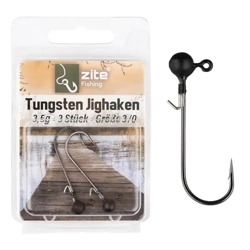 Zite Fishing Tungsten Jighaken Set | Bleifrei Jigköpfe mit Angelhaken 1/0-5/0 Matt-Schwarz | Ultrascharfe Jigheads Haken Barsch & Zander Angeln | Gummiköder Haken mit Angelgewicht (3/0 3,5g)