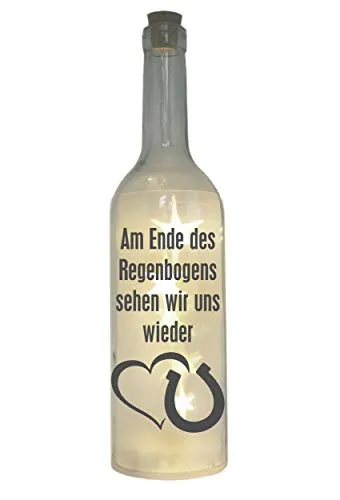 WB wohn trends LED-Flasche mit Motiv, Am Ende des Regenbogens... / Pferd Hufeisen, grau, 29cm, Flaschen-Licht Glitzer-Flasche Leuchtflasche Lampe mit Text Spruch Trauer
