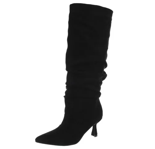 Ital-Design Hochfront Stiefel mit Blockabsatz und Raffung Stiefel (90851714) Pfennig-/Stilettoabsatz Stiefel in Schwarz
