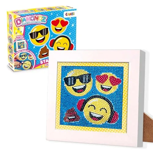 DIAMONDZ CRYSTAL PAINTING Starter Set Funny Face - Diamond Painting Kinder EMOJI Schablone, DIY Diamant Malerei Kinder Bastelset, 15x15cm, 14 Farben