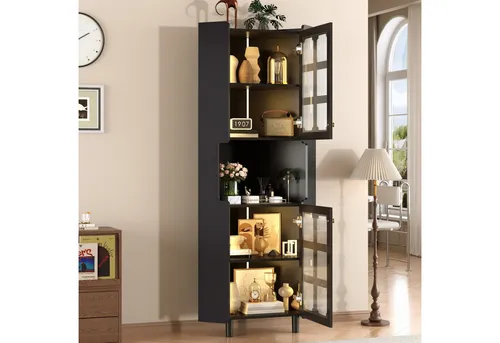 REDOM Multifunktionale Ecken-Kommode mit LED-Beleuchtung - Praktisches Eck-Sideboard in Schwarz, ideal für Wohnzimmer oder Bad. Mit 3-Zonen-Aufbewahrung und app-gesteuertem LED-System für individuelle Lichtstimmungen.