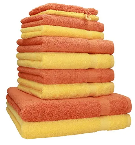 Betz Premium Handtuch Set 10-tlg. in Orange und Gelb - Hochwertiges 10-tlg. Handtuch Set aus 100% Baumwolle, inklusive Duschtüchern, Handtüchern, Gästetüchern und Waschhandschuhen. Flauschig und saugstark für höchsten Komfort im Bad.