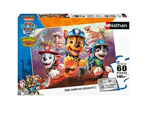 Nathan – Kinderpuzzle – 60 Teile – Paw Patrol zur Rettung der Dinosaurier – Mädchen oder Jungen ab 6 Jahren – Hochwertiges Puzzle – Dicker und robuster Karton – 86575