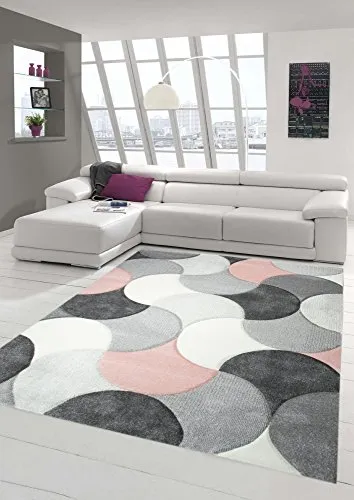 Designer und Moderner Teppich Kurzflor mit Tropfen Muster in Rosa Grau Beige Größe 80x150 cm