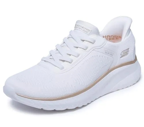 Skechers Damen Bobs Squad Chaos Current Muse Sneaker – Weißgold-Textil, 36 EU - Stylische Sneaker mit integriertem Fersenkissen und Memory-Schaum für optimalen Komfort. Maschinenwaschbar und vegan – ideal für den Alltag.