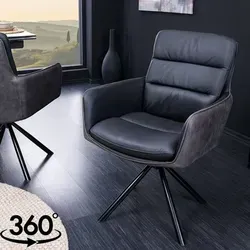 Drehstuhl CHARLES III anthrazit - Komfortabler Echtlederstuhl mit Armlehnen - Eleganter Drehstuhl für Ess- und Arbeitszimmer, gepolstert für hohen Sitzkomfort, ideal für stundenlanges Sitzen. Mit robustem Metallgestell und moderner Retro-Optik.