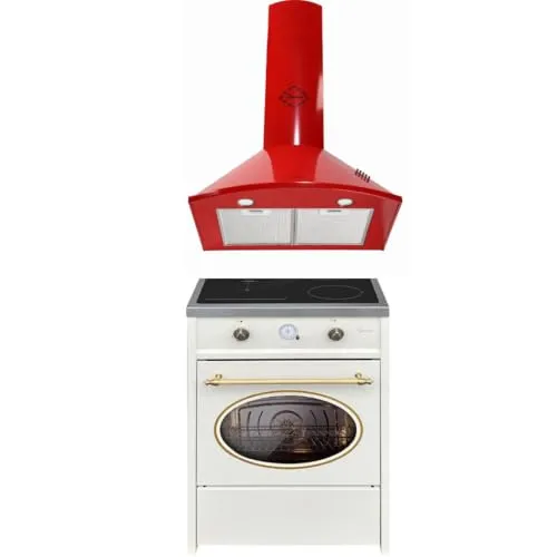 GURARI Herdset GCH E 612 Cr r + GCH C 46 RD 6, Retro Induktions Standherd 60 cm, Range Coocker, 60 L, Creme + Dunstabzugshaube 60 cm, Wandhaube, Rot, Ablufthaube/Umlufthaube, 1000m3/h