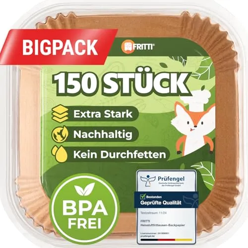 FRITTI Backpapier für Heißluftfritteuse – 150 Stück, 16-20 cm, DEKRA geprüft