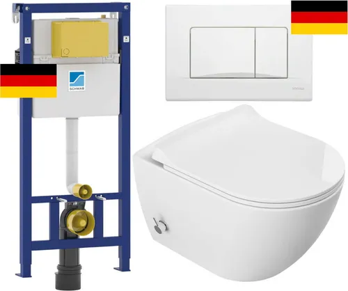 5W1 Package : Wc Mit Bidet Rimless 51X36X32,5 Cm Und Mischbatterie Warm Kalt /Wasser + Duroplastslim Soft Close Sitz + Rahmen + Weiße Taste Schwab
