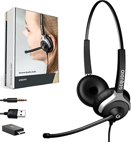 GEQUDIO 3-in-1 Business Headset mit USB-A, USB-C und 3,5mm Klinke kompatibel mit PC, Mac und Smartphone - Kopfhörer & Mikrofon Ersatz Polster - besonders leicht 80g (2-Ohr)