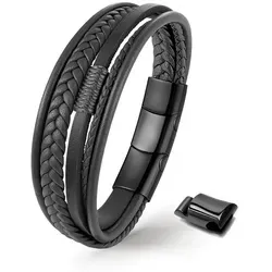 UNIQAL.de Lederarmband Unisex geflochten, Echtleder & Edelstahl, Modell Classic & Feather (Unisex,Edelstahl, Echtleder, geflochten, Casual Style, Handgefertigt) schwarz 19 cm