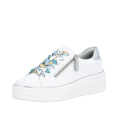 Remonte Damen Sneaker D1C06 aus Leder mit bunten Schnürsenkeln, Größe 42 EU, Weiß - Stylische Sneaker aus hochwertigem Leder mit bunten Schnürsenkeln. Rutschfeste PU-Sohle und herausnehmbares Fußbett für individuellen Komfort. Ideal für jeden Tag!