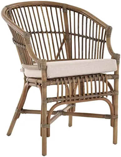 Krines Home Gestäbter Rattansessel aus Natur-Rattan mit Polster. Rattanstuhl mit Armlehne
