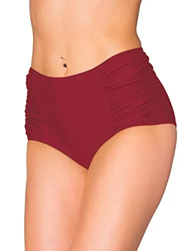 Aquarti Bikinihose Damen mit Hoher Taille und Raffung – Klassische Bikinihosen für Damen in Uni-Farben, Farbe: Dunkelrot, Größe: 44