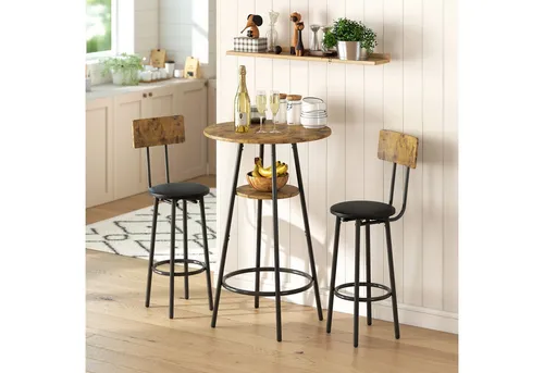 HOMCOM Bartisch mit Barhocker-Set - Kompaktes Bartisch-Set für 2 mit rustikalem Holzfinish und stabilem Metallrahmen, ideal für kleine Räume. Gepolsterte Hocker bieten höchsten Sitzkomfort und eine integrierte Ablage sorgt für Ordnung.