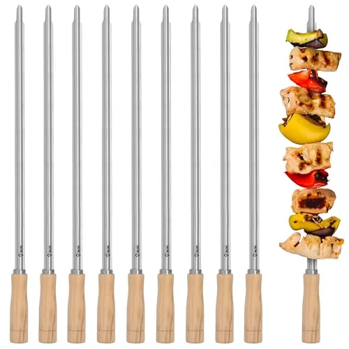 BBQ-Toro Edelstahl Grillspieße mit Holzgriff (10 Stück) | 56 cm | Rodizio Churrasco Spieße, Grillspieß Set, Grill Skewers | Mangal Schaschlik, Drehspieß, Rotisserie, Grillzubehör, Fleischspieß