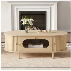 MODFU Couchtisch 100x50x36 cm aus MDF mit Schublade & Rolltür, Eiche