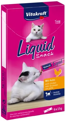 Vitakraft Katzensnack Cat Liquid Snack Huhn - 11 x 90g - Katzenfutter: 11 Packungen mit gelartigem Snack, reich an Huhn und Taurin für gesunde Augen und Herzfunktion. Ideal für Katzen ab 3 Monaten, zum Schlecken und Genießen!