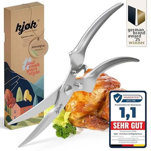 kjøk Geflügelschere Edelstahl – für Hähnchen, Gans & Ente | Robuste Mehrzweckschere schneidet Knochen und Gelenke, auch als Entenschere – für Kräuter und Pizza bestens geeignet